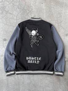 Aesthetic Post Herren Lässige Kontrast Farbblock Baseball Jacke mit Langarm, Herbst/Winter Grafik Jacken Coole Jacke Collegejacke - Dunkelgrau - Übersicht 2