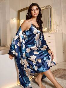 LuxeNights Large Floral Print Faux Silk Contrast Lace Camisole Nightgown And Robe Set, Fall & Winter Clothes - Multicolor - View 6