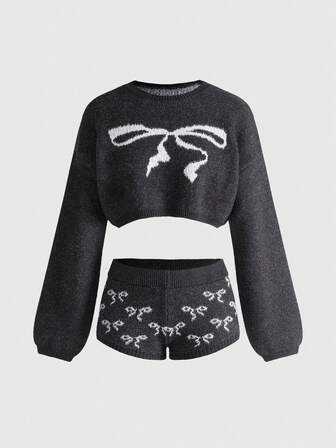 Kawaii 2 pièces/set Top court en tricot jacquard nœud mignon et short en tricot