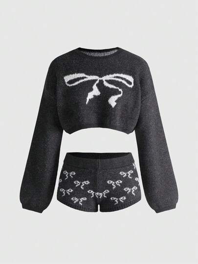 Kawaii 2pcs/Set Cute Bow Jacquard Knit Crop Top Sweater & Knit Shorts