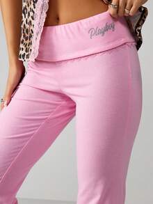 Missguided x Playboy 高腰喇叭腿休闲裤印花阔腿裤 Y2K 风格 - 粉色 - 查看 4