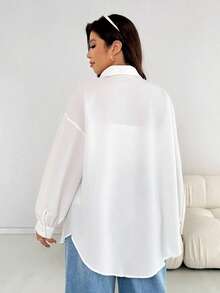 Shapeblank Plus Size Women's Apple-Shaped Body Casual Drop Shoulder Loose Blouse, Spring Autumn, Fall/Winter Vacation, Beach Outfit, Airport Outfits, White Blouse, Winter Outfits For Women, Casual Blouses For Ladies, Winter Clothes For Women - White - View 3