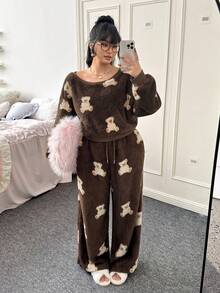 CovetEZ Christmas 2pcs/Set Autumn/Winter New Cartoon Bear Pattern Plush Oblique Shoulder Hoodie And Pants Casual Cute Plus Size Outfit Comfy Set - Brown - View 5