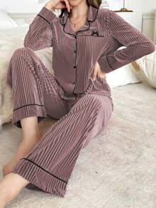 蝴蝶结装饰纯色女士蓬松睡衣套装，舒适冬装