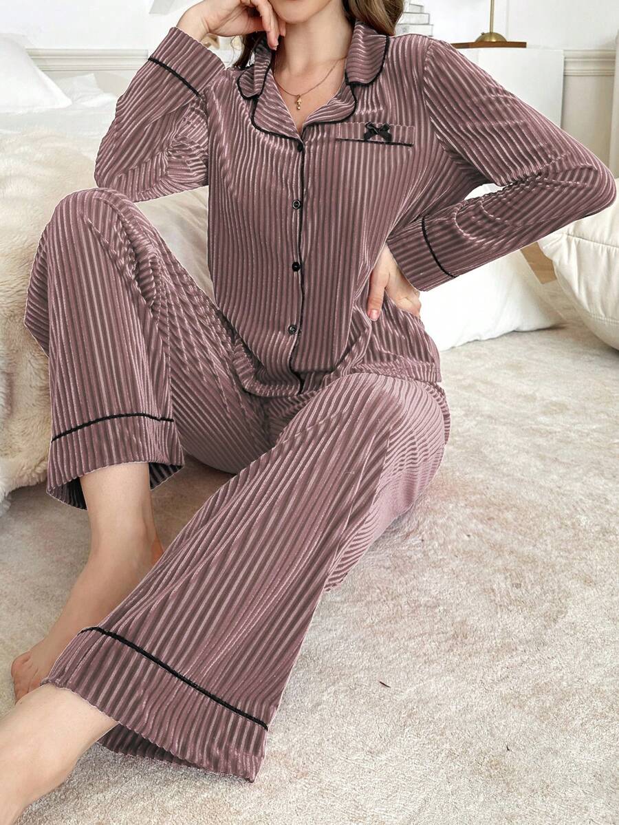 蝴蝶结装饰纯色女士蓬松睡衣套装，舒适冬装