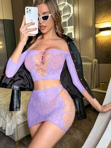 2pcs/Set Christmas Wine Red Sexy Women's Lingerie Set, Cropped Halter Top And Ultra-Short Bodycon Skirt With Fishnet Overlay - Violet Purple - View 6