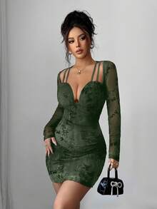 Modelyn Sexy Mesh Jacquard Hollow-Out Long Sleeve Women Dress - Army Green - View 8