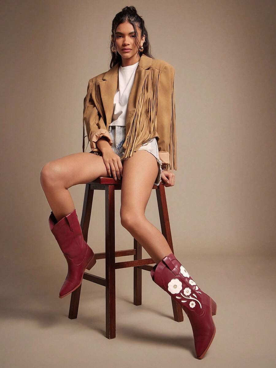 SHUZIA New Women's Floral Embroidery Vegan Leather Pointed Toe Western Style Chic Cowboy Boots Chunky Heel Slip-On Rodeo Dance Holiday Fall Winter Shoe For Christmas - Burgundy - View 1