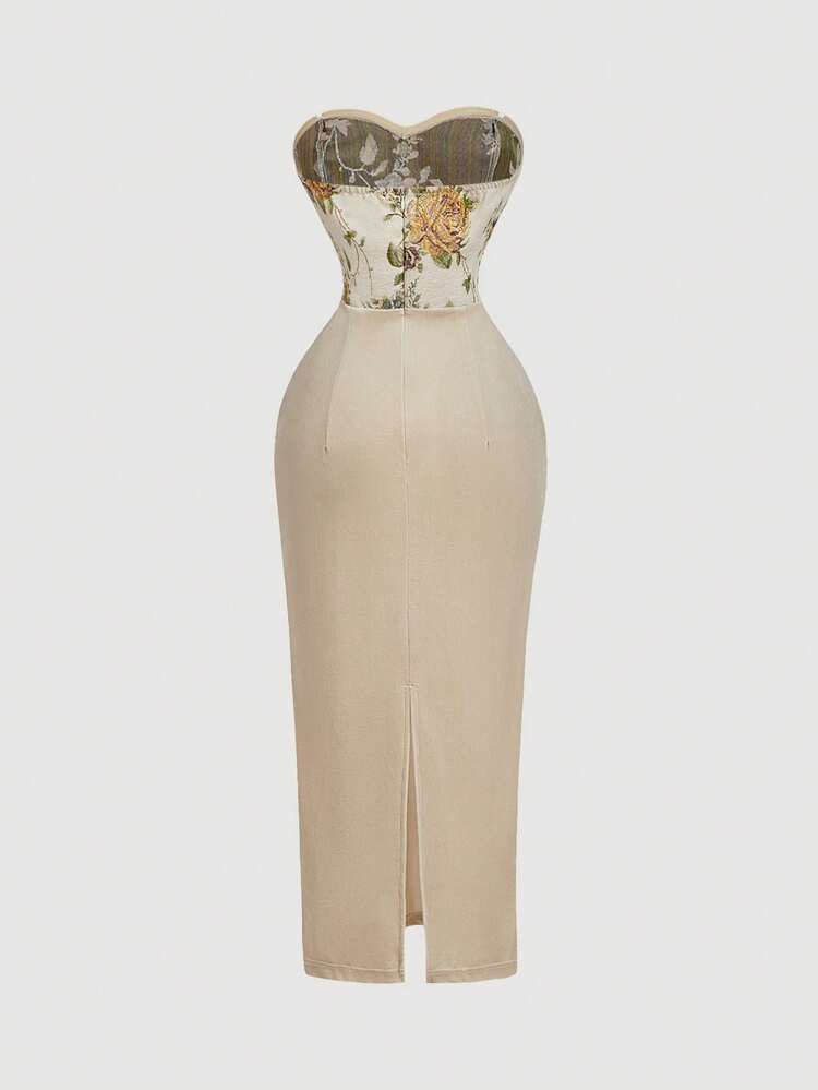SHEIN MOD Women's Vintage Black Floral Jacquard Tube Dress, Champagne Strapless Bodycon Long Dress,Dresses For Women Elegant,New Year Dress ,Elegant Party Dresses - Apricot - View 2