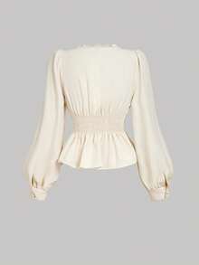 SHEIN MOD Women's Solid Color Contrast Lace V-Neck Single-Breasted Elegant Lantern Sleeve Blouse - Apricot - View 2