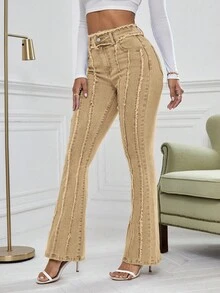 SHEIN Essnce 女式休闲街头风牛仔裤，带口袋 - 卡其色 - 查看 5