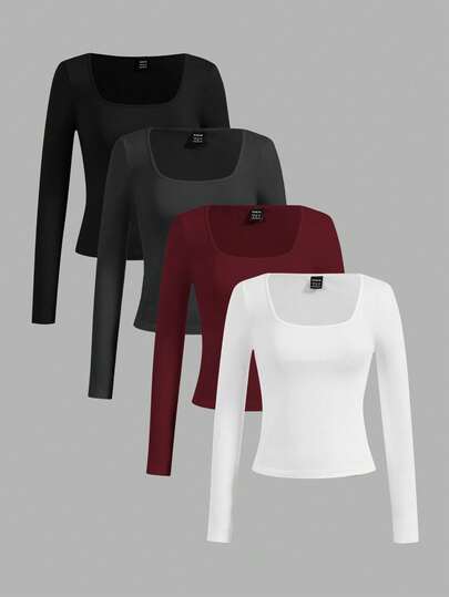 SHEIN Essnce 4pcs/Set Women's Casual Minimalist Crew Neck T-Shirts, Solid Color, Suitable For Autumn/Winter, Layering, Outdoor, Undershirt