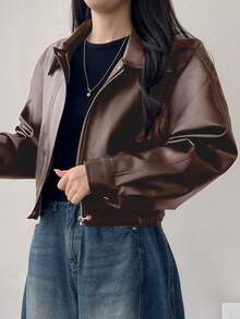 DAZY 女士纯色PU皮革长袖拉链休闲外套，秋季女式外套 - 紅木色 - 查看 5