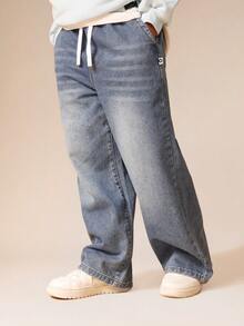 SUMWON Wide Leg Denim Jeans Boys Casual Everyday Relaxed Fit Drawstring Waistband Comfortable School Playground Stylish
