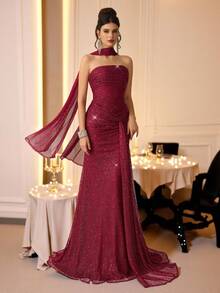 Coutiva 秋冬优雅亮片抹胸性感露背下摆扭褶修身鱼尾裙，适合音乐节、生日派对、情人节、圣诞节、婚礼宾客礼服、半正式礼服、毕业典礼 - 酒紅色 - 查看 7