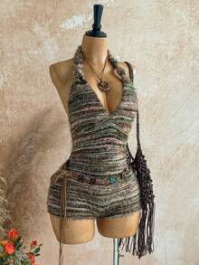 Soleia 女士度假白色针织仙女褶皱纹理深 V 领系带连体裤，修身显身材，适合派对、情人节、约会、内穿或外穿 - 彩色 - 查看 4