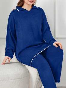 EURMUSE Detailed Black And Whıte Plus Size Swetaer Co-Ords - Royal Blue - View 5