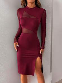 Glamine Fashionable Mesh Patchwork Cutout Hem Slit  Red Elegant  Dress For Women - Burgundy - View 5