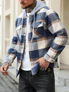 EGENSIO 男士格子长袖单排扣口袋抽绳连帽休闲夹克，秋冬男士法兰绒格子夹克，男士长袖法兰绒 - 藍白色 - 查看 5