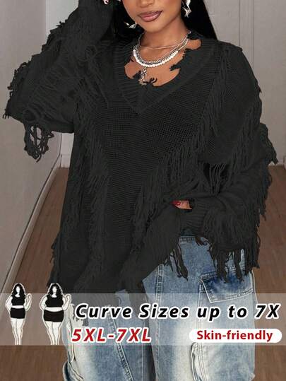  SHEIN CURVE+ Plus Size Women Y2K Solid Color V-Neck Drop Shoulder Long Sleeve Loose Fringe Design Sweater, Autumn,Solid Color, Black, V-Neck Tattered Knitted Sweater, Design Sense, Loose And Casual, Christmas,Party,Halloween, Punk,  Women's Daily Commuting Top, Autumn And Winter, Black Spice Girl Knitted Sweater,Winter,Summer,Spring/Fall