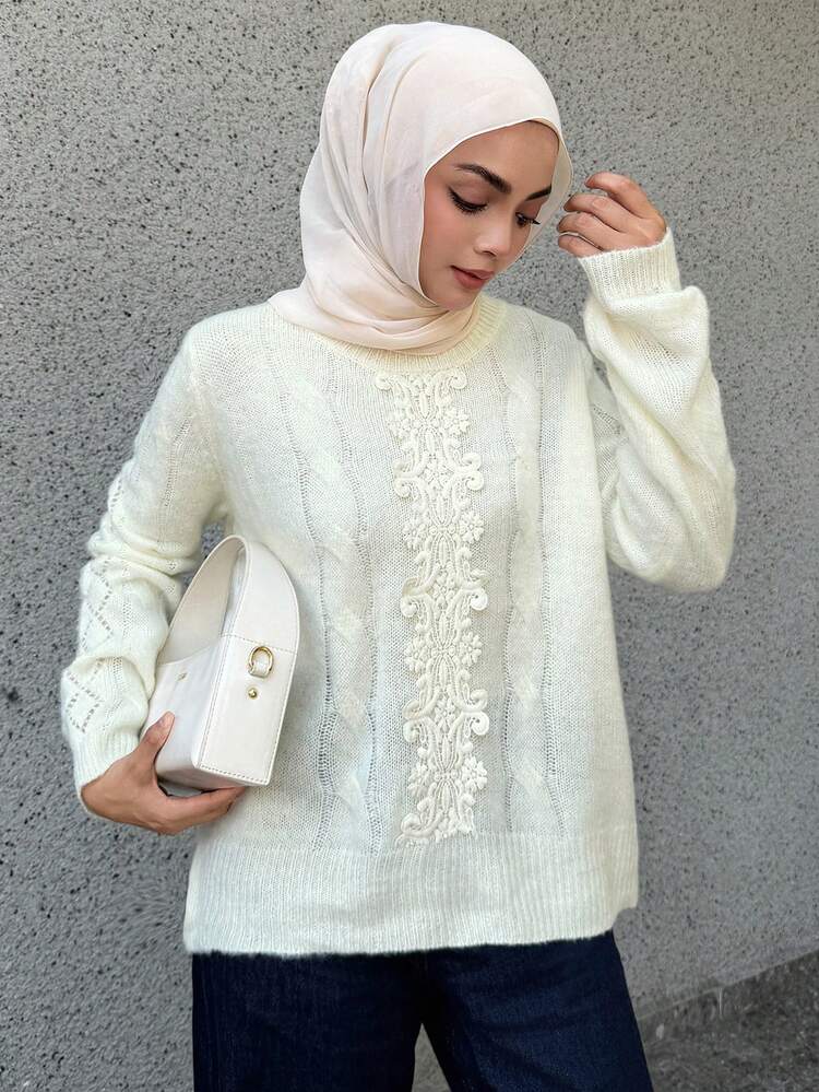 Women's Loose Business Casual Stylish Hollow Lace Patchwork Crochet Textured Knit Pullover Sweater, Autumn/Winter Modest Fashion