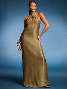 Normani Twist Front Halter Neck Satin Open Backless Loose Maxi Dress Sexy Ibiza Fits Spring Summer Vacation Beach Elegant Wedding Guest Holiday Fall Night Out Wedding Guest, Elegant Christmas, Halloween, Fall, Winter Christmas - Brown - View 2