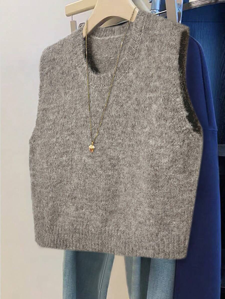 GlowEve Rompi Sweater Rajut Kasual Leher Bulat Warna Polos untuk Wanita - Mocha Brown - View 1