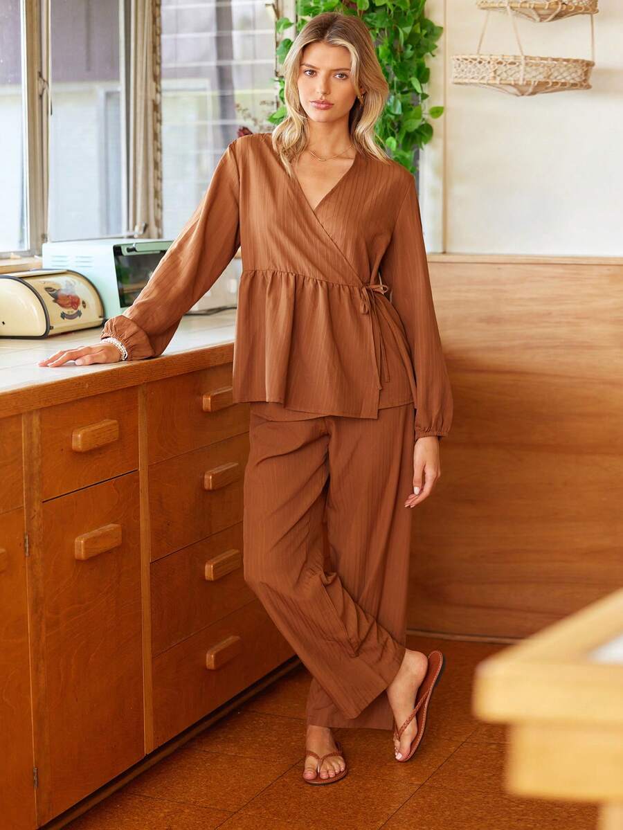 Lullawish Conjunto de pijama de mujer de rayas marrones con textura, estilo bohemio, casual y cómodo para vacaciones, con cuello en V, ropa de estar en casa de manga larga, ropa de invierno