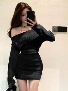 DAZY Autumn/Winter Turtleneck Off Shoulder Asymmetric Mini Knit Dress, Fitted Solid Color Sweater Dress, Fashionable For Party, New Year, Christmas - Black - View 3
