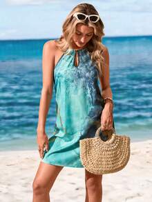 Sylviya Marble Print Keyhole Neckline Halter Dress - Multicolor - View 3