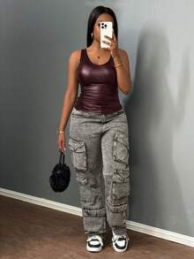 Slaydiva Women's Solid Color U-Neck Wide Strap Sleeveless Fitted Fashion Tank Top - Rust Brown - View 6