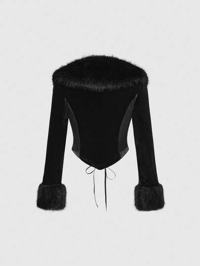 Goth Gothic Elegant Palace Style Holiday Outfit Lace-Up Decor Faux Fur Collar Fitted Jacket