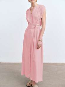 Aalyst Đầm dài cổ chữ V không tay màu trơn chất lượng cao dành cho nữ có dây buộc eo, khoen chữ D, túi, vải lanh dáng rộng cho công sở và kỳ nghỉ mùa xuân/hè - Màu Hồng baby - Xem 5