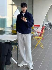 DAZY Jaqueta com Capuz com Zíper e Forro Térmico com Bordado de Letra, Azul Marinho, Homens Quarto de Zíper Outono/Inverno