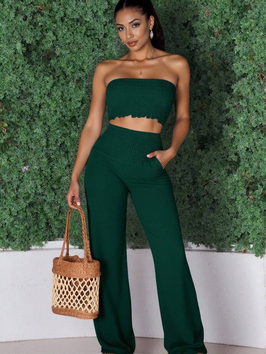 SHEIN LUNE Conjunto de 2 piezas de top tubo acortado con pliegues y pantalones de pierna ancha de unicolor para mujer - Verde Oscuro - Ver 1