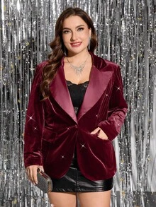 Ellevyn Plus Size Elegant Velvet Blazer With Pockets, Suitable For Parties And Events, Autumn/Winter Halloween Costumes - Burgundy - View 5