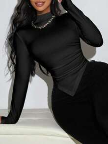 BamGleam Women's Solid Color Stand Collar Long Sleeve T-Shirt Fall Cloth For Women - Black - View 6