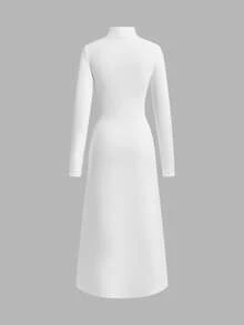 SHEIN EZwear 女款秋季白色聖誕優雅日常天鵝絨高領長袖羅紋修身保暖時尚休閒長洋裝 - 白色 - 查看 6