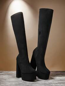 SHUZIA 魅力女士仿麂皮及膝厚底靴，内有拉链 - 黑色 - 查看 5