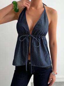 DAZY Women's Summer Halter Tie Waist Bowknot Denim Blouse, Vacation Style - Medium Wash - View 7
