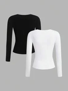 2pcs 95% Cotton Embroidered Letter Patch Casual Slim Fit Long Sleeve Crew Neck T-Shirt Set, Suitable For Autumn/Winter - Black and White - View 2