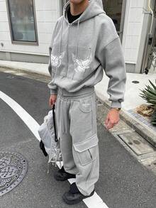 DAZY 男士字母印花羊毛连帽衫套装，街头风格，秋冬 - 灰色 - 查看 6