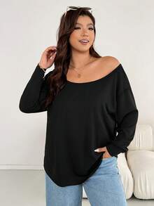 Shapeblank Plus Size Women's Apple-Shaped Body Autumn And Winter Casual Comfortable Loose Long Sleeve Off-Shoulder Black Tee, Fall/Winter Women T Shirts, Costume, Winter Outfits, Black Shirt, Long Sleeve Shirt For Fall/Winter, Airport Outfits, Asymmetrical Top, Winter Clothes For Women - Black - View 2