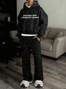 Manfinity Hypemode Men's Casual Slogan Graphic Drawstring Hoodie And Pants Set, Autumn - Multicolor - View 1