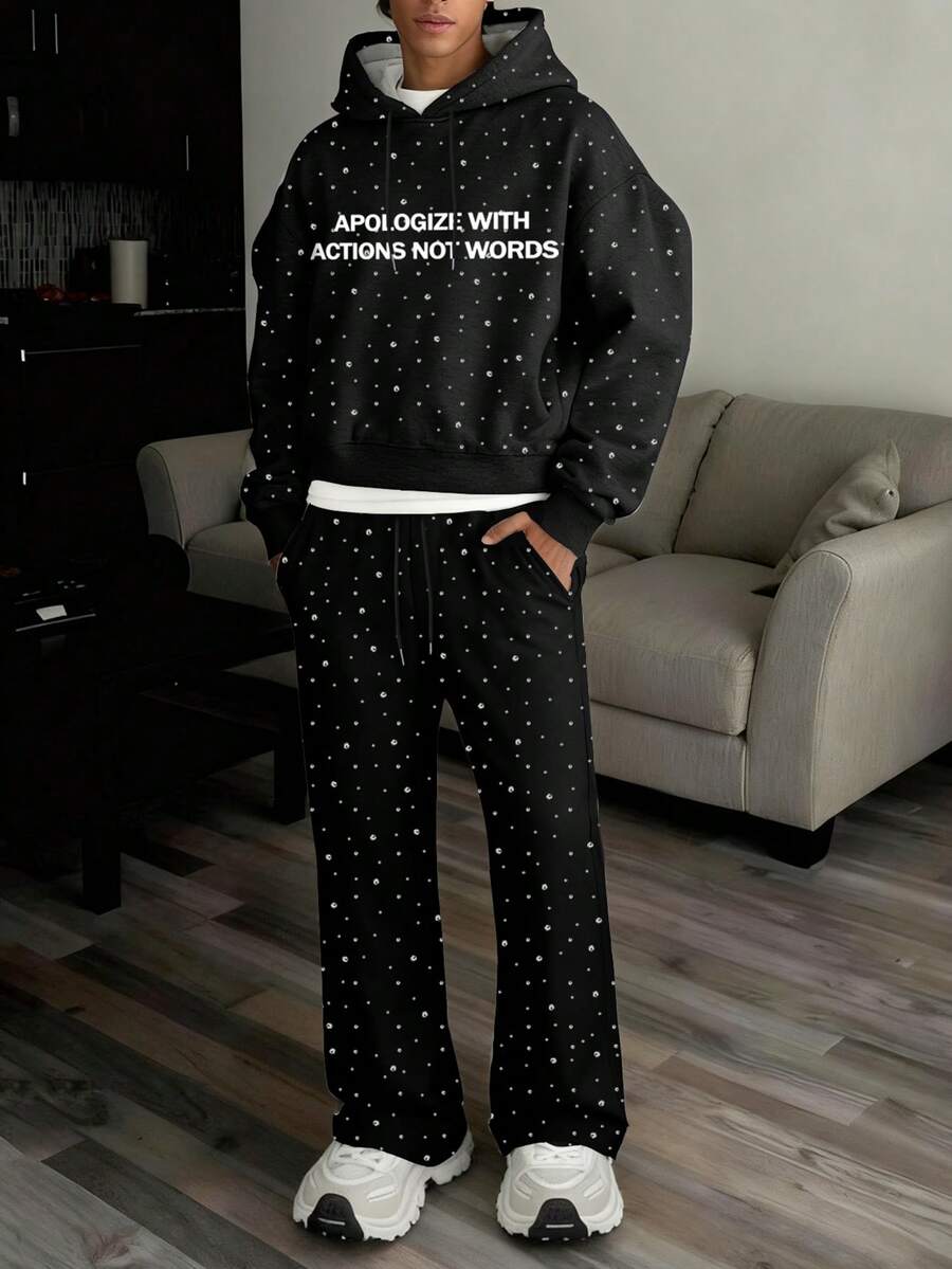 Manfinity Hypemode Men's Casual Slogan Graphic Drawstring Hoodie And Pants Set, Autumn - Multicolor - View 1