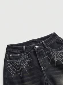 ROMWE Grunge Punk Halloween Relaxed Fit Grunge Distressed Vintage Oversized Spider Web Rhinestone Women Low Waist Jeans - Black - View 3