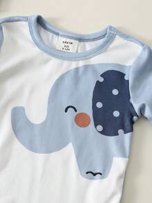 SHEIN 6pcs Baby Boy Snug Fit Cartoon Elephant & Striped Pattern Soft & Comfortable Bodysuit Pajama Set - Blue and White - View 5