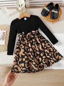 SHEIN Young Girls' Knitted Crew Neck Patchwork Leopard Print Casual Dress, Jacquard Leopard Print Long Sleeve Dress, Suitable For Autumn/Winter - Multicolor - View 2