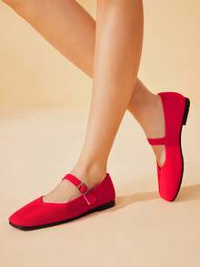 CUCCOO BASICS Women's Red Striped Metal Buckle Flat Shoes - Red - View 6