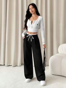 SHEIN PETITE Women's Color Block Casual Daily Wear Long Pants,Ladies Spring/Fall Casual Drawstring,Pocket Natural Wide Leg Long Black Loose Women Pants,Casual Daily Wear Comfy Pants Wide Leg Pants Drawstring Waist Wide Pants Loose Pants - Black - View 7